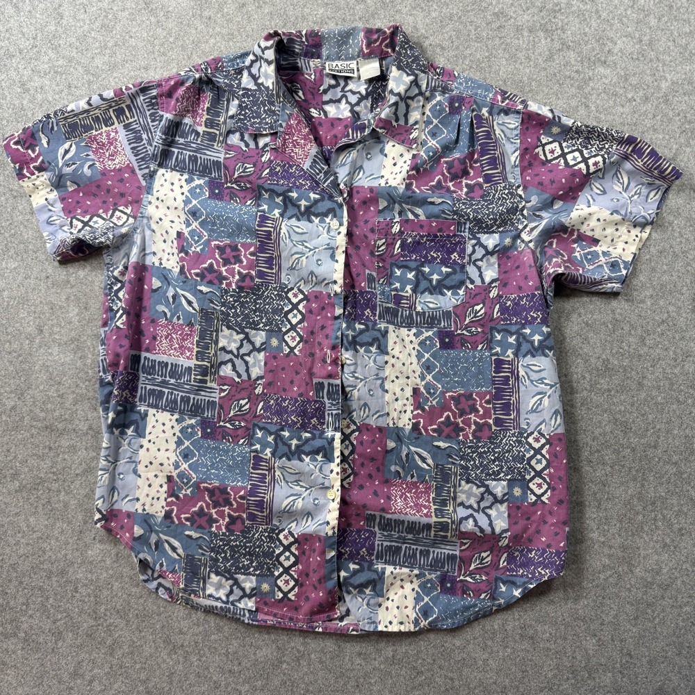 Vintage 90s Basic Editions Patchwork Shirt L Purple Floral Cottagecore Button Up
